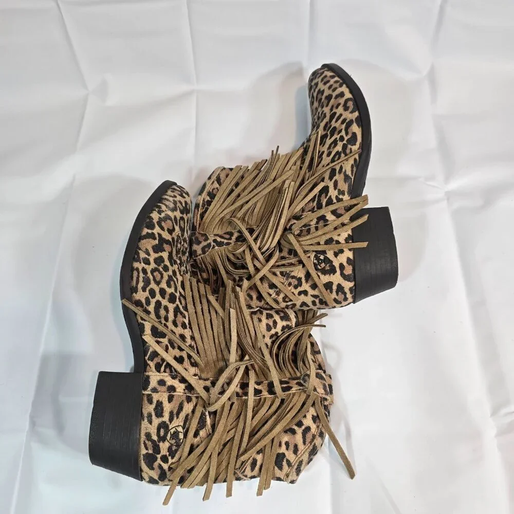 Ariat Duchess Western Bootie Women Size 4 Leopard Print Fringe Ankle Pull On